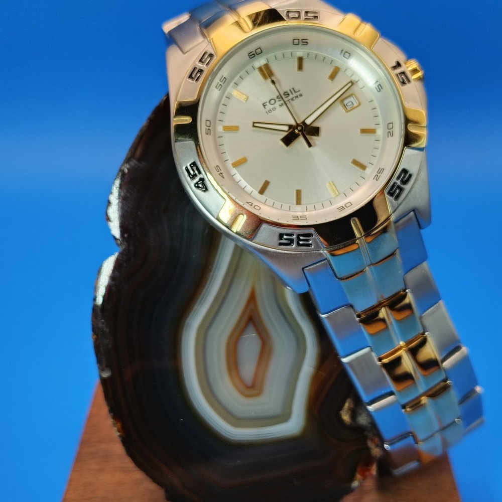New! Vintage 2001 Fossil PR-5340 Two Tone‎ Date 40mm Mens Quartz Watch Full Set